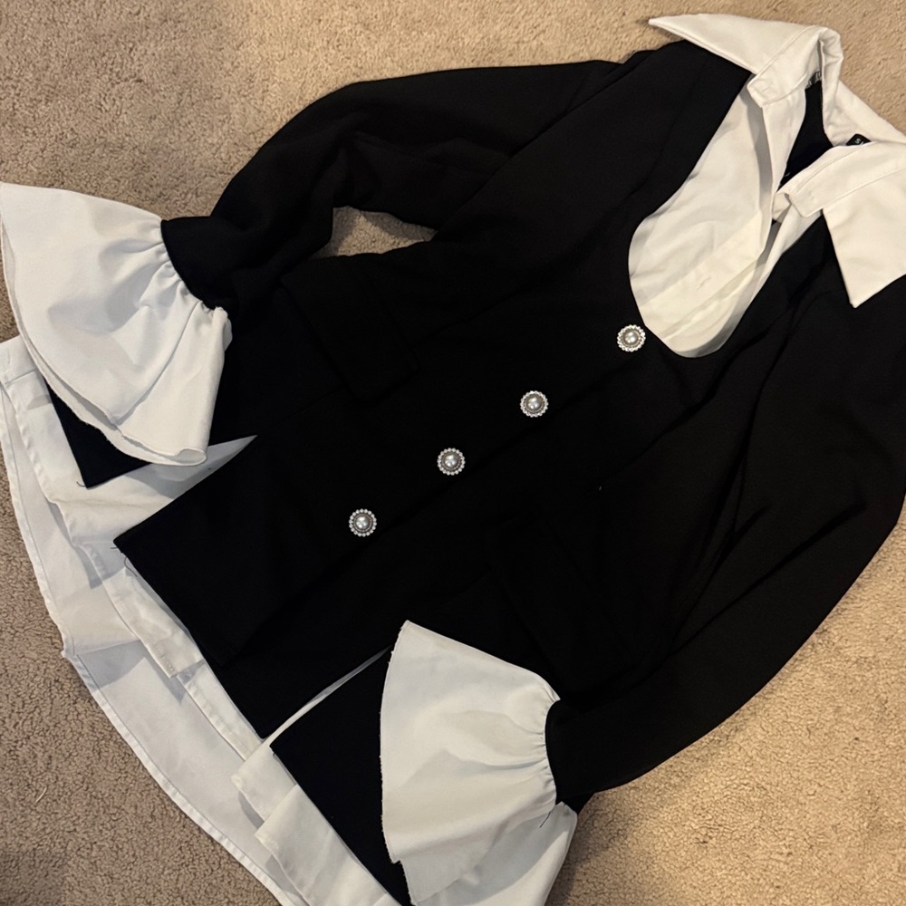 Black and White Women's Blazer Dress with Contrast Collar & Cuffs